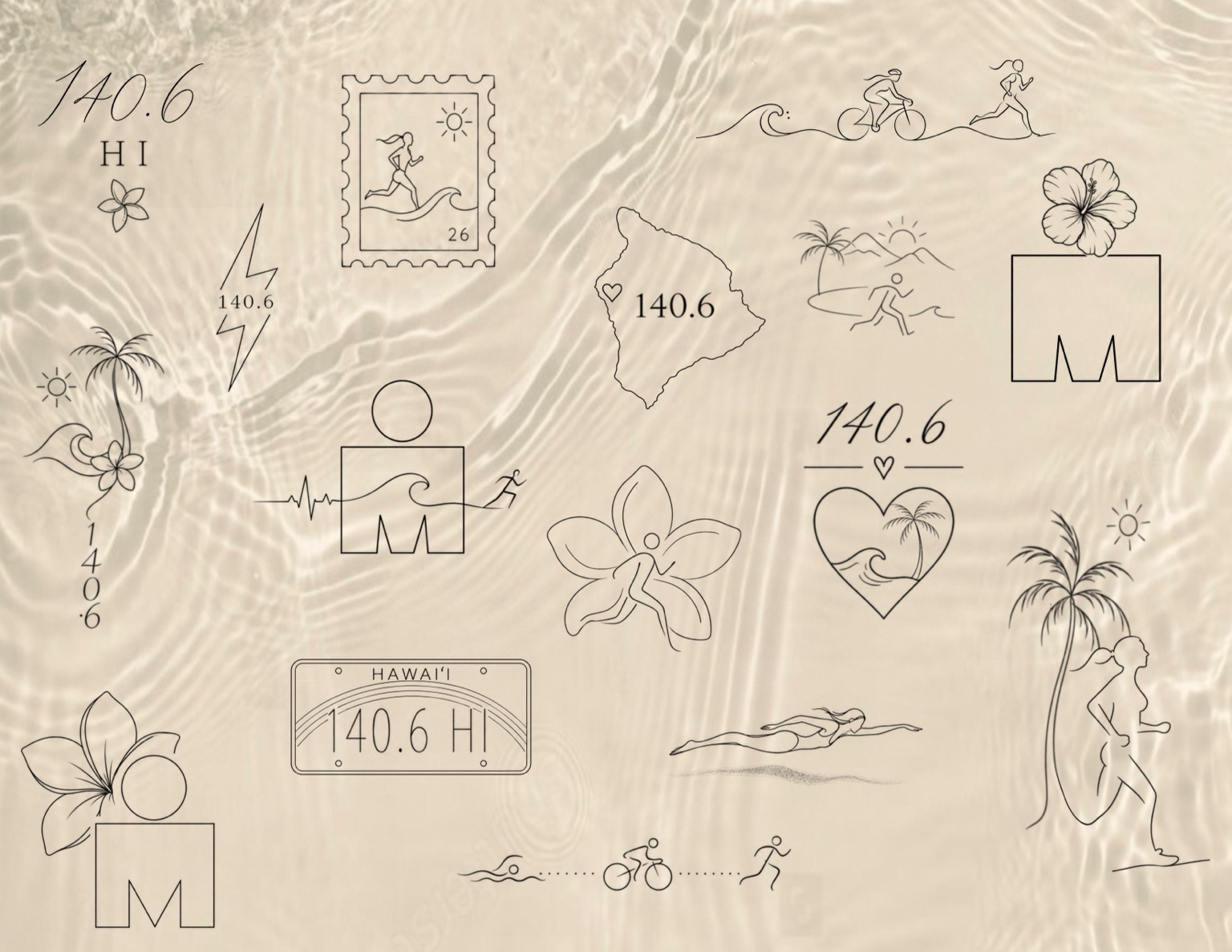 Ironman tattoo flash in Kona: 140.6, swim bike run, Big Island outlines, hibiscus, palms and waves