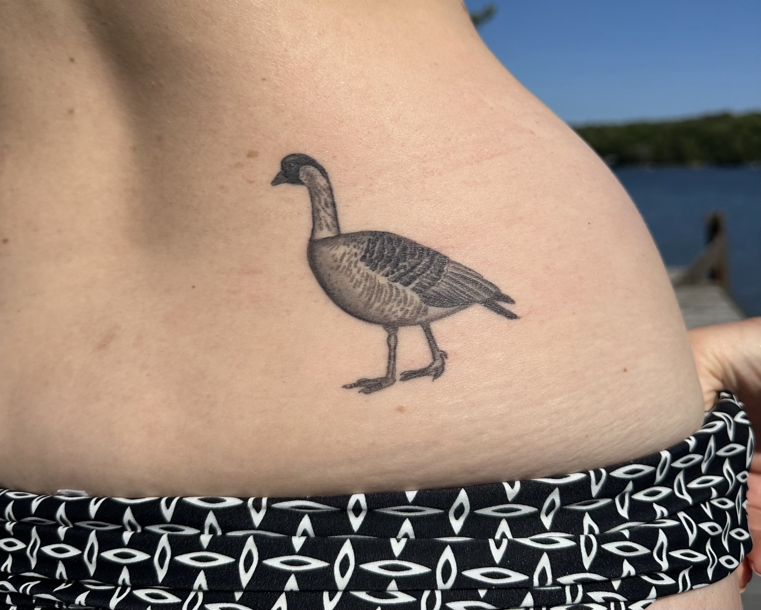 Black-and-gray goose tattoo by Jen