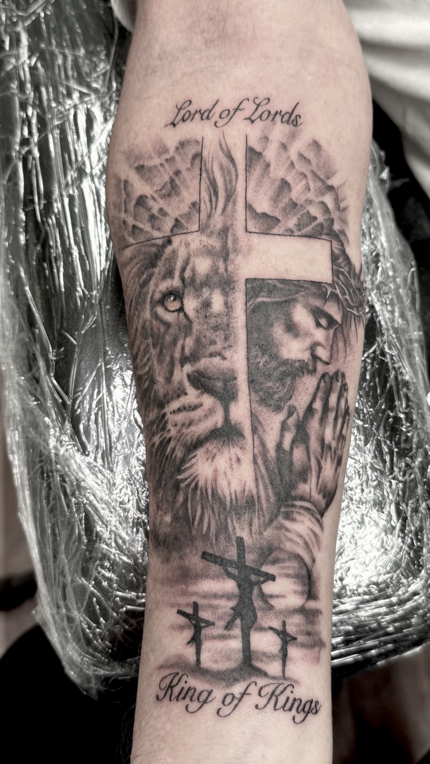 Black-and-gray religious realism tattoo by Kai